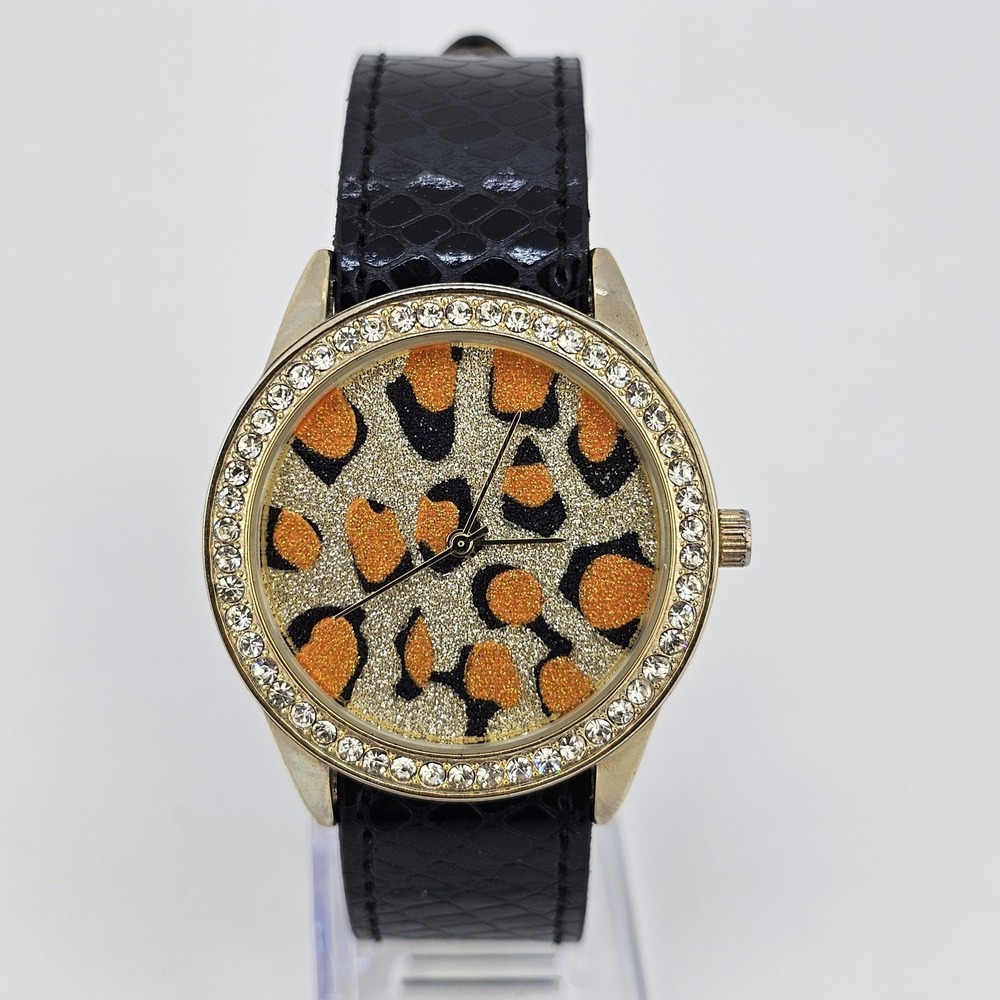 40MM Women's Watch Animal Print Dial Black Faux Leather Band New Battery